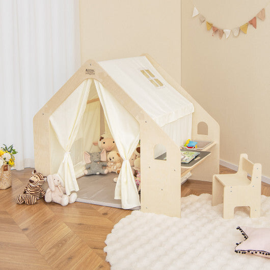 Montessori Style Indoor Playhouse with Storage Bin and Floor Mat for Toddlers Aged 2-6 Years Old-Beige