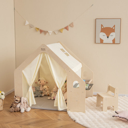 Montessori Style Indoor Playhouse with Storage Bin and Floor Mat for Toddlers Aged 2-6 Years Old-Beige