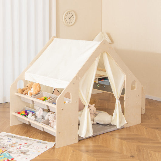 6-in-1 Kids Play Tent Playhouse with Blackboard 6 Storage Bins and Floor Cushion-Beige