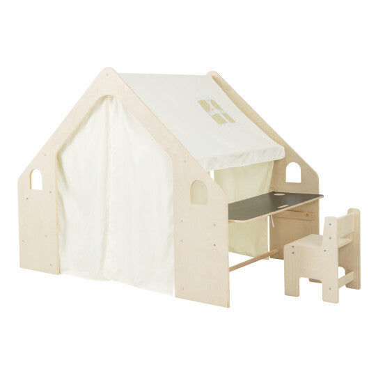 6-in-1 Kids Play Tent Playhouse with Blackboard 6 Storage Bins and Floor Cushion-Beige