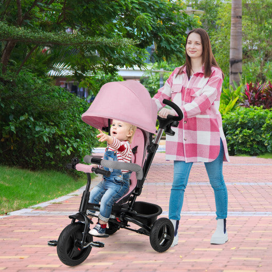4-in-1 Baby Tricycle Toddler Trike with Reversible Seat and 5-Point Safety Harness-Pink