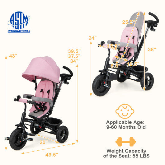 4-in-1 Baby Tricycle Toddler Trike with Reversible Seat and 5-Point Safety Harness-Pink
