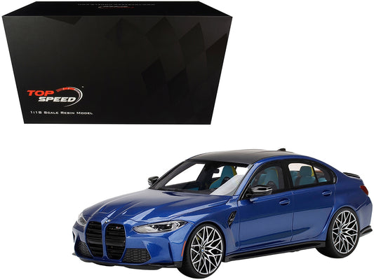 BMW M3 Competition (G80) Portimao Blue Metallic with Carbon Top 1/18 Model Car by Top Speed