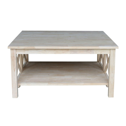 Square Unfinished Solid Wood Coffee Table with Bottom Shelf
