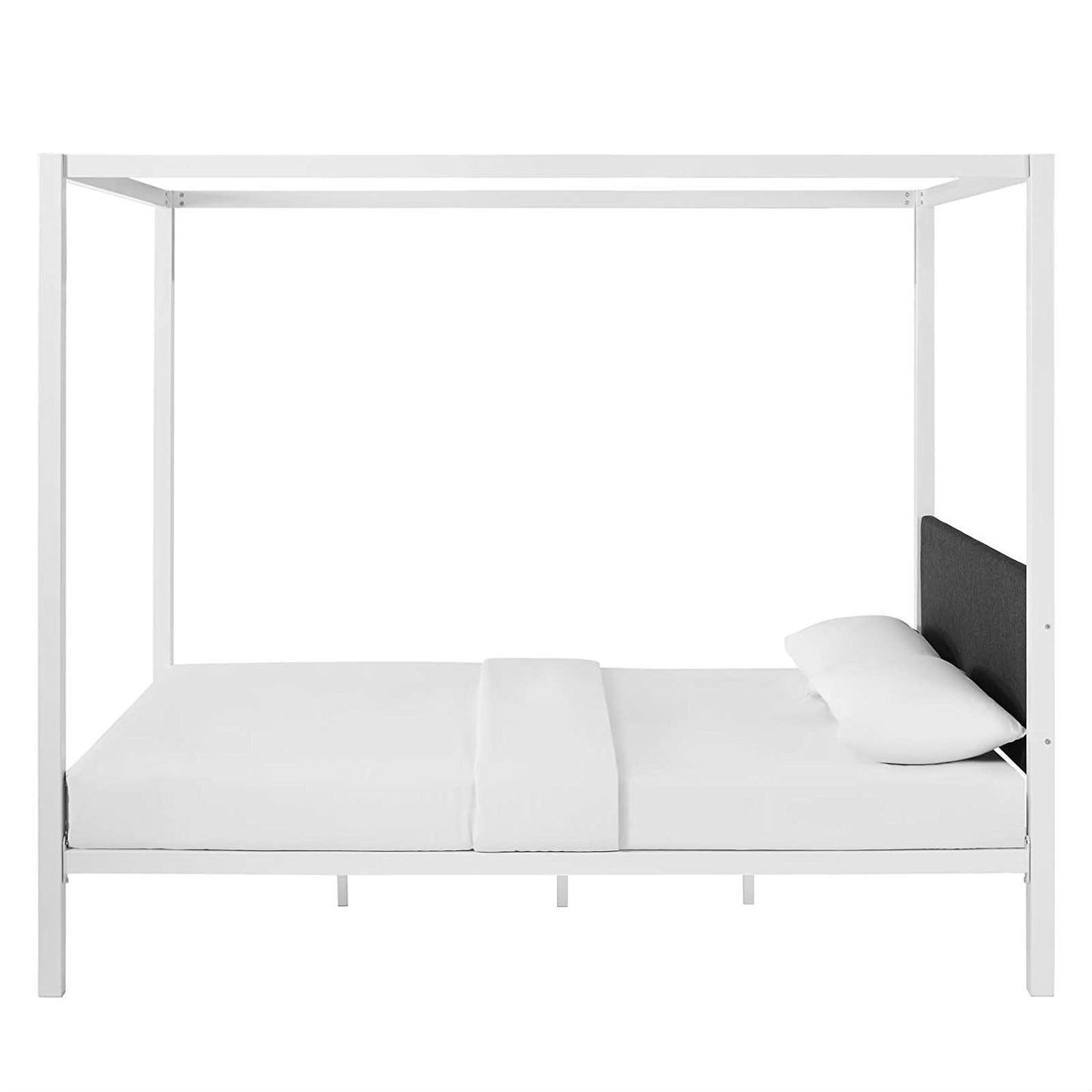 Queen size White Metal Canopy Bed Frame with Grey Fabric Upholstered Headboard