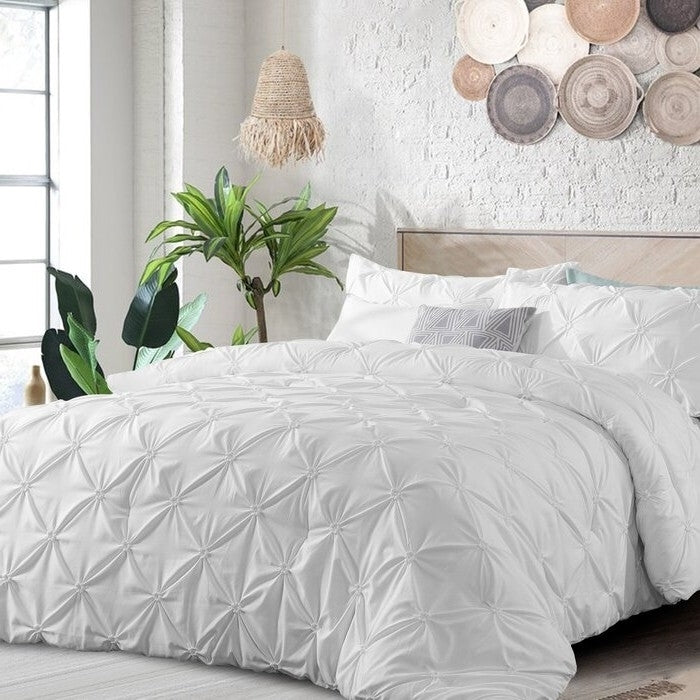 King Size All Season Pleated Hypoallergenic Microfiber Reversible 3 Piece Comforter Set in White