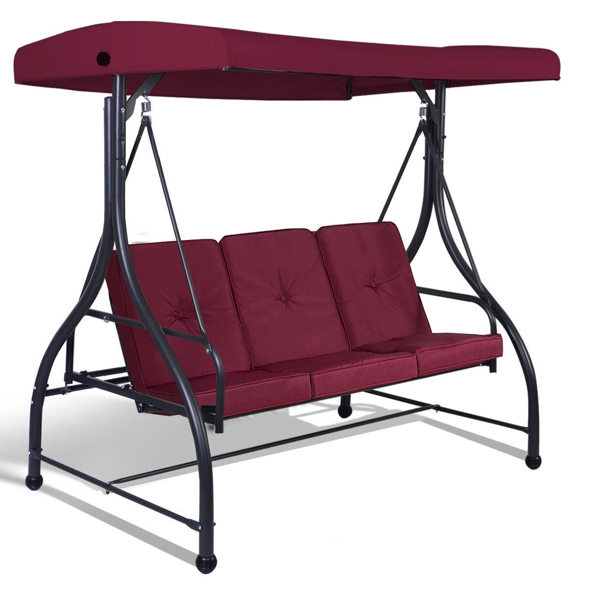Red Burgundy Wine 3 Seat Cushioned Porch Patio Canopy Swing Chair