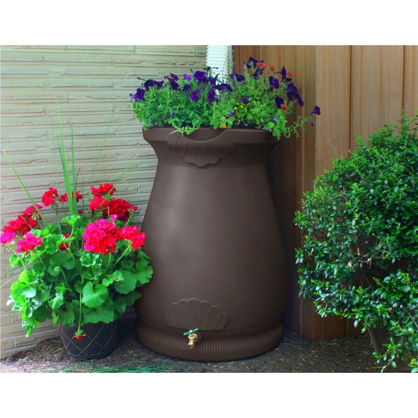 Brown Oak 65 Gallon Plastic Urn Rain Barrel with Planter Top W2B