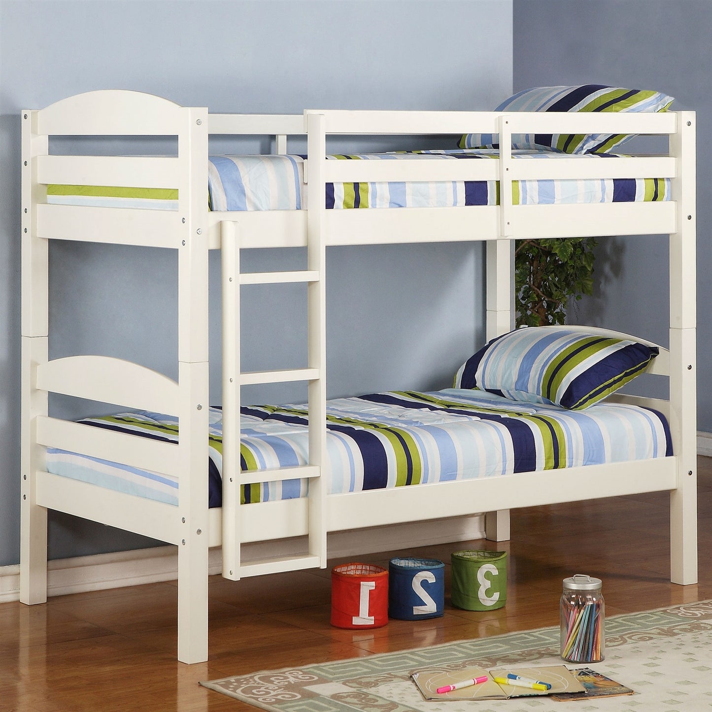 White Wood Twin over Twin Bunk Bed with Ladder and Guardrail