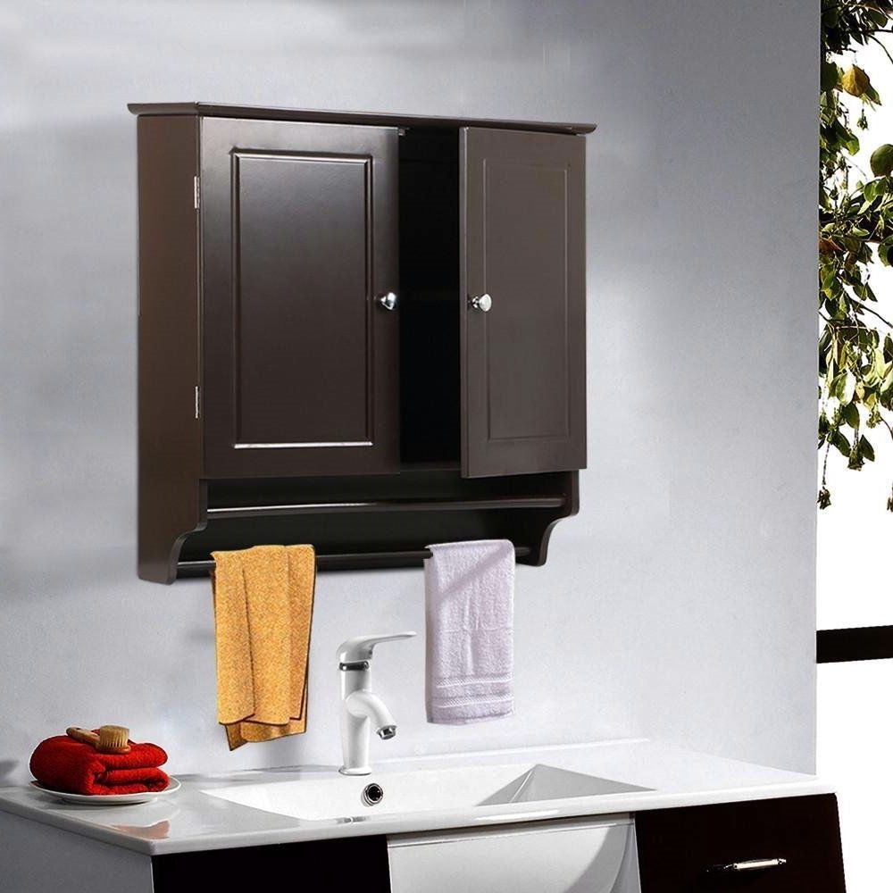 Espresso 2-Door Bathroom Wall Cabinet Cupboard with Towel Bar