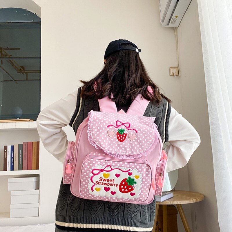 Girl Embroidery Strawberry Backpack