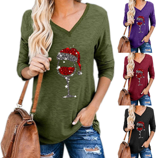 Christmas Wine Glass Print Blouse