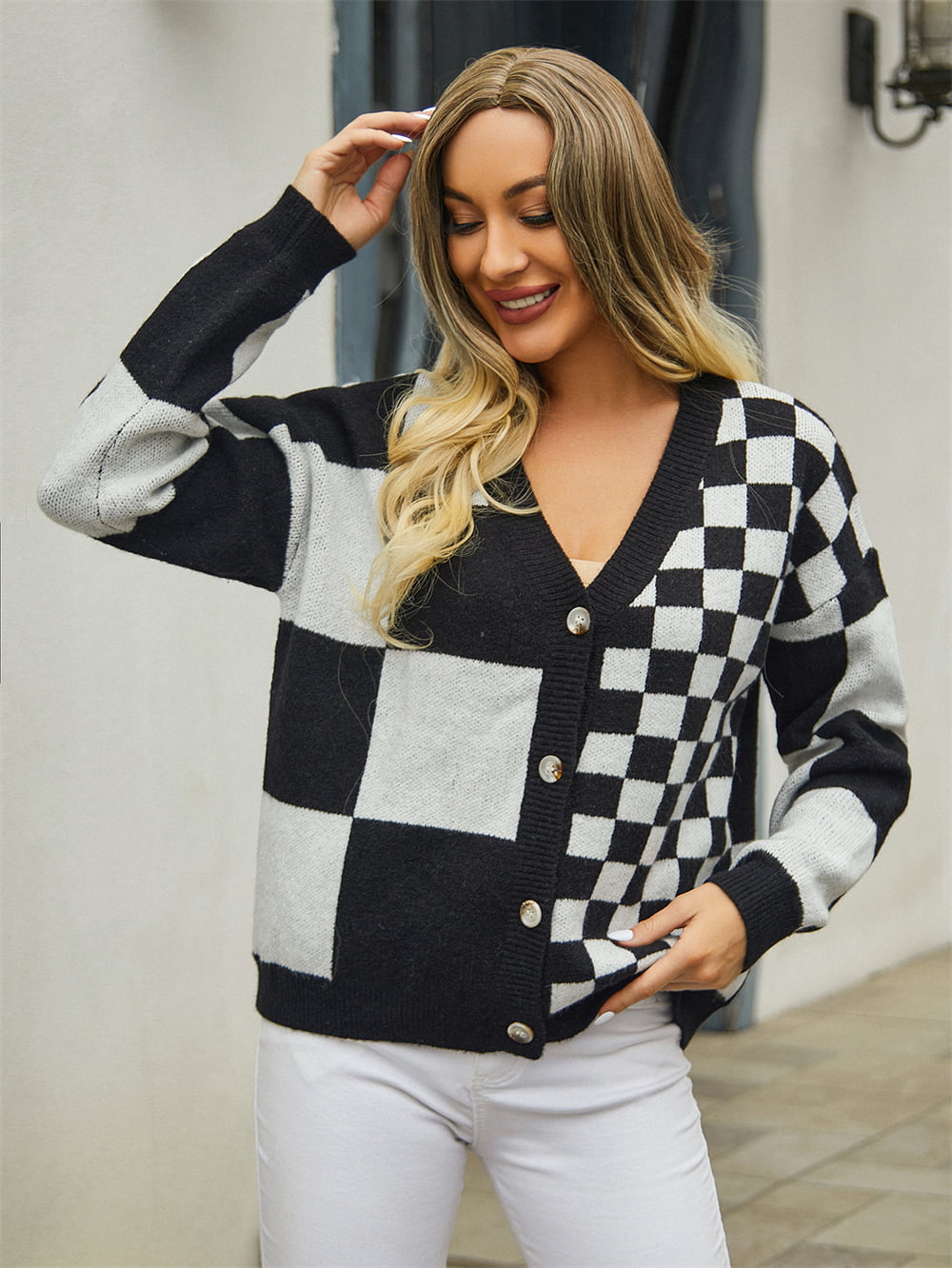 Plaid V-Neck Dropped Shoulder Cardigan