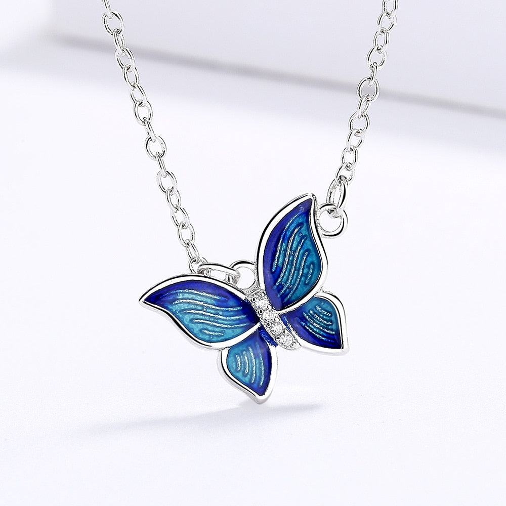 Micro-Enamel Blue Butterfly Wings Necklace