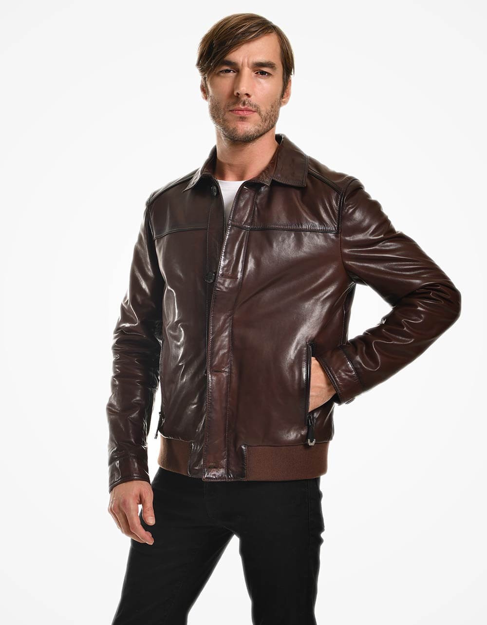 Brown Leather Bomber Jacket For Men