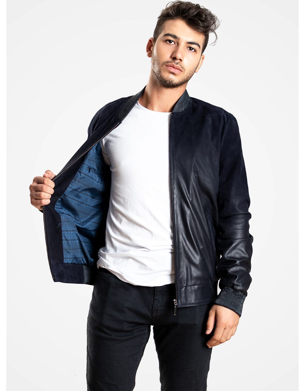 Blue DeGraded Leather Bomber Jacket For Men