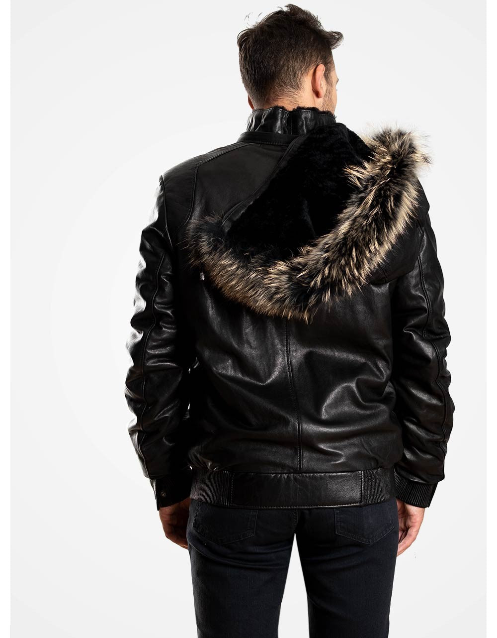 Black Hooded Leather Coat For Men