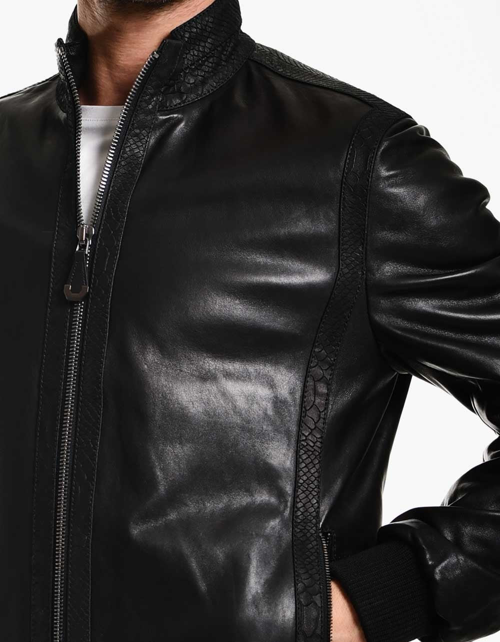 Black Bomber Leather Jacket For Men