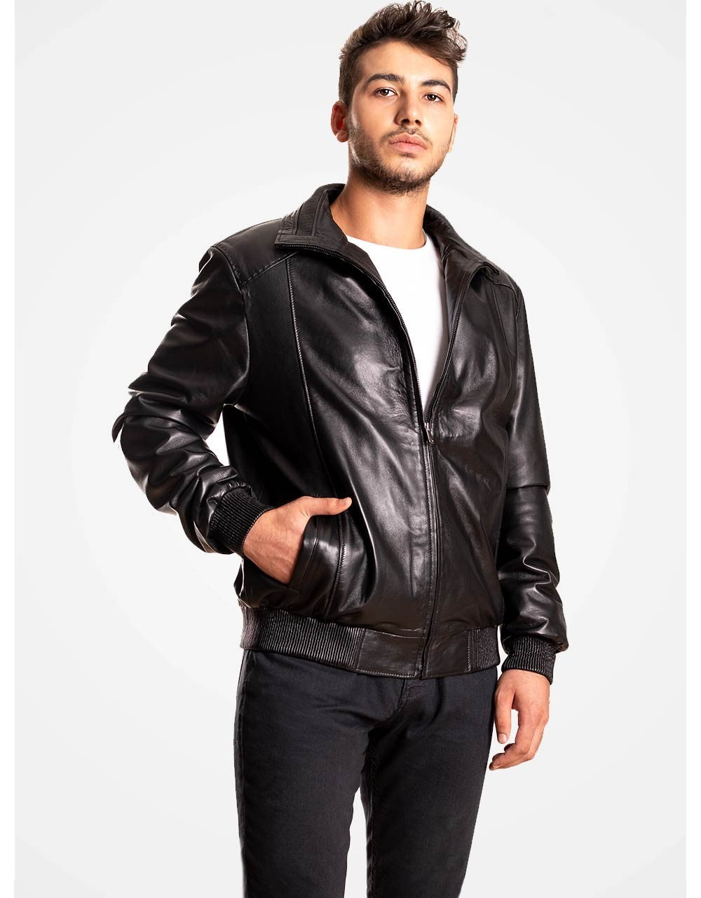 Black Bomber Leather Jacket For Men