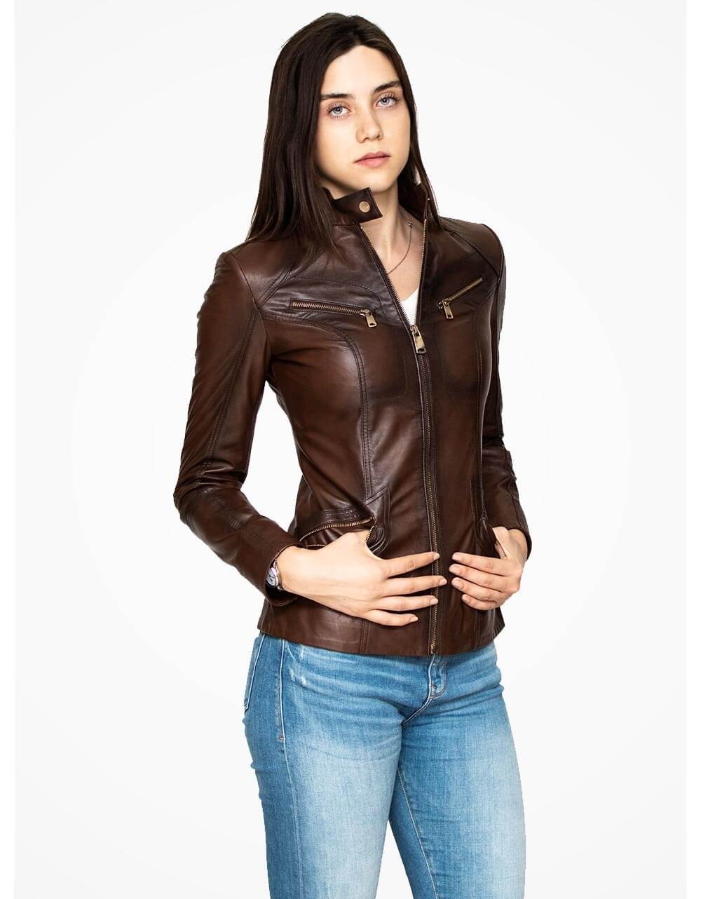 Brown Leather Biker Jacket For Women