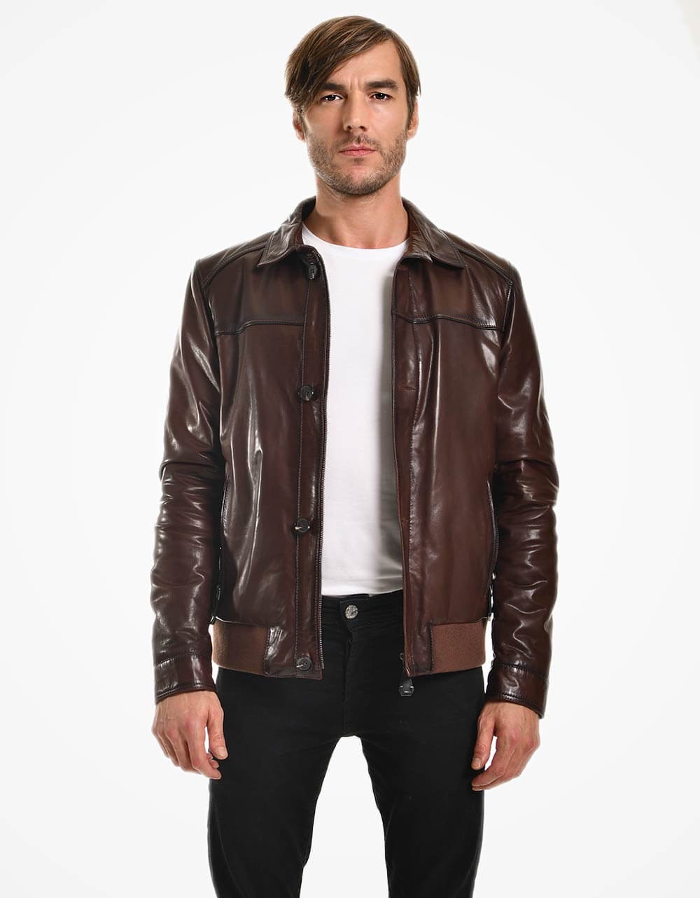 Brown Leather Bomber Jacket For Men