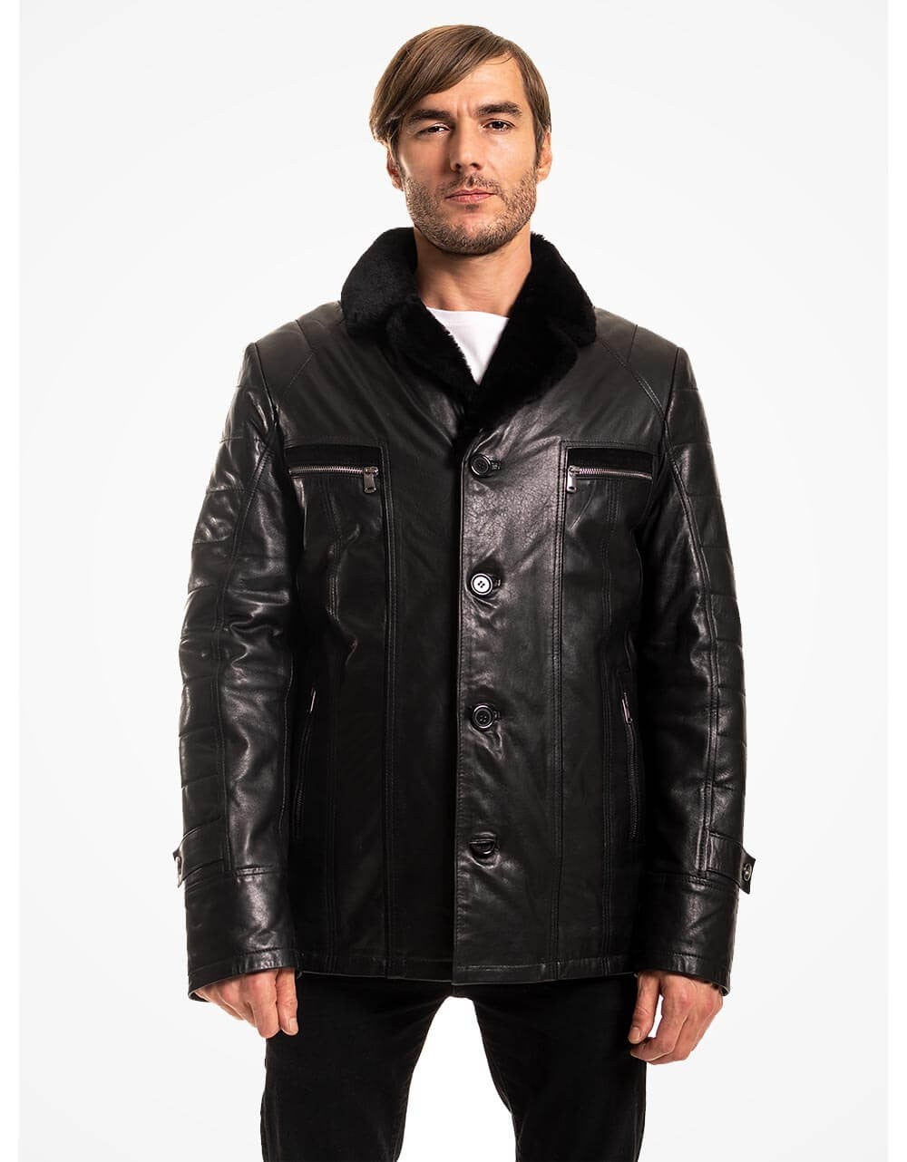 Black Vegetal Leather Coat For Men Yellow Grapevine
